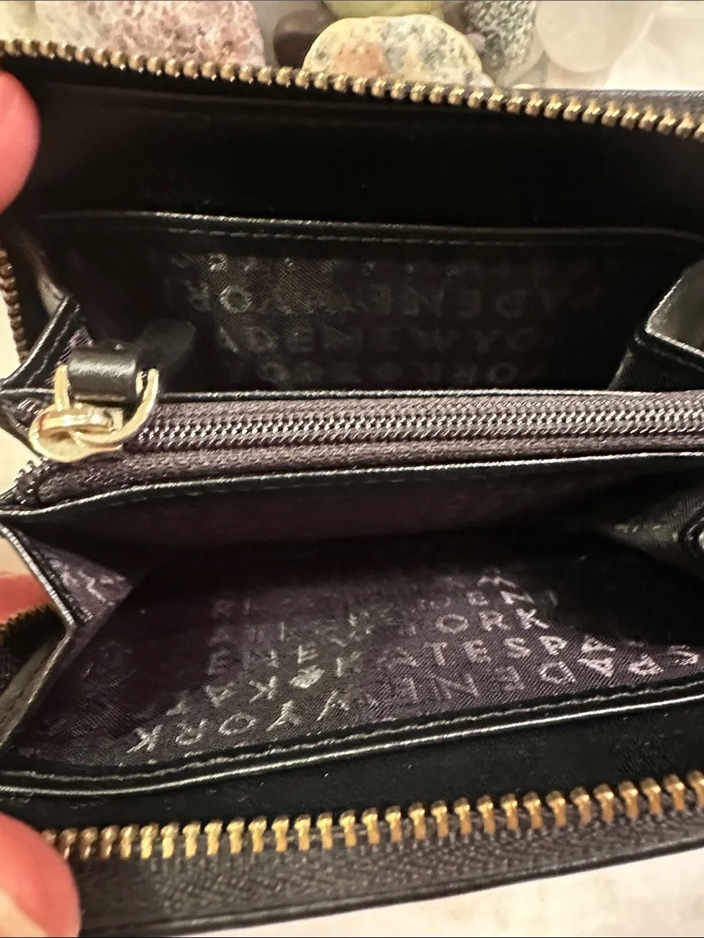 kate spade Black Quilted Leather wallet/keychain with Gold Logo